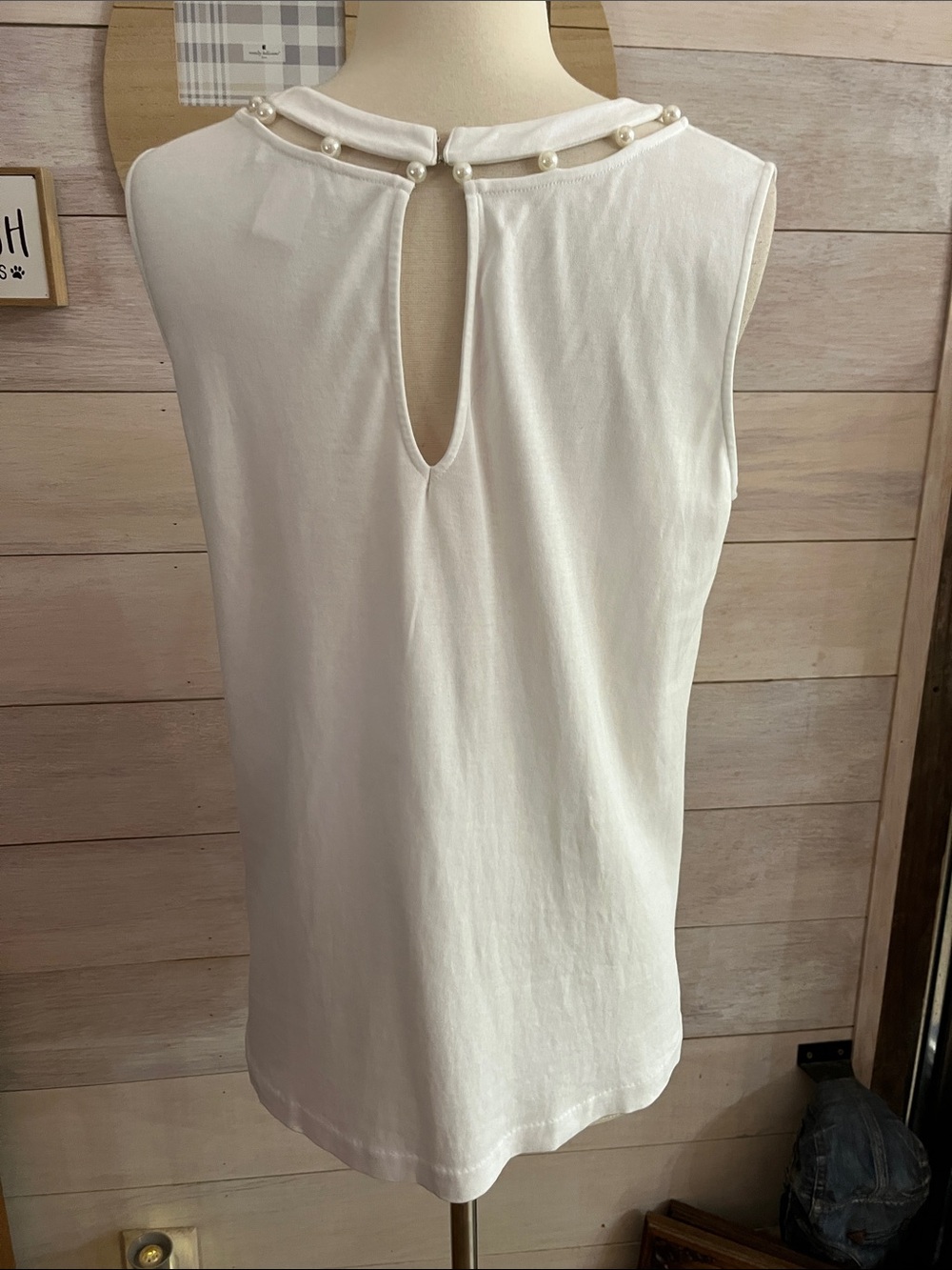 Joan Vass White Pearl-Trim Sleeveless Tank L - Picture 3 of 4